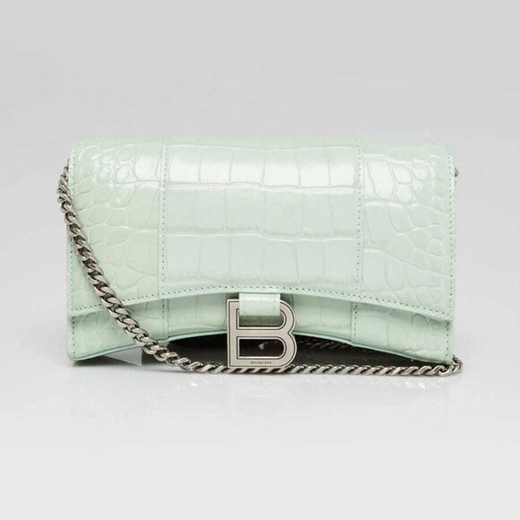 Balenciaga Light Green Croc Embossed Leather Soft Hourglass Wallet On Chain Bag - Picture 1 of 10